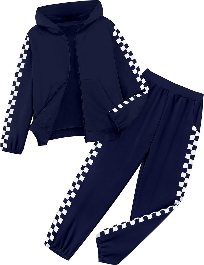 Doumlop Store Unisex Boys Girls Clothes Plaid 2 Piece Outfits Athletic Tracksuit Hooded Sweatshirt and Sweatpants Kids Sweatsuits - Image 1